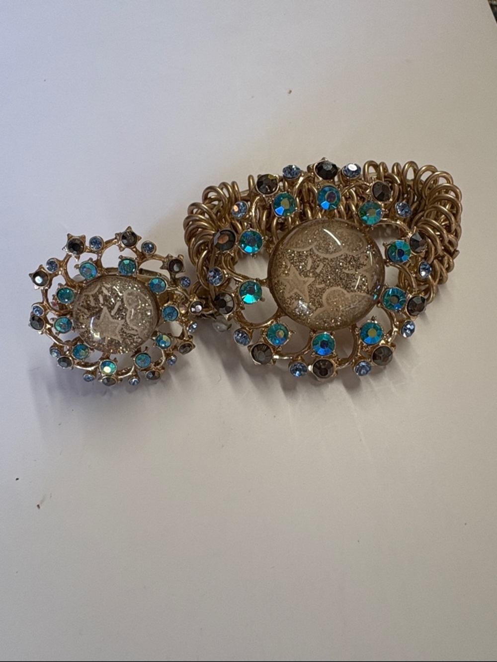 Betsey Johnson Gold-Tone Brooch Set with Blue and Aquamarine Rhinestones